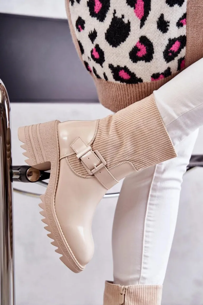 Damskie Botki Ocieplane Na Masywnym Obcasie Beżowe Marinela