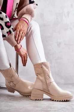 Damskie Botki Ocieplane Na Masywnym Obcasie Beżowe Marinela