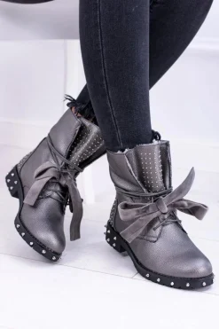 Damskie Botki Ocieplane Z Kolcami i Dżetami Srebrne Neso