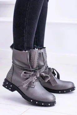 Damskie Botki Ocieplane Z Kolcami i Dżetami Srebrne Neso