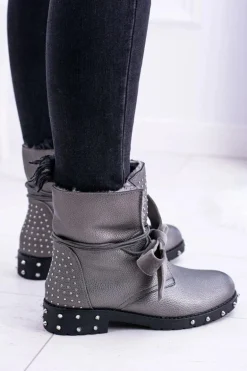 Damskie Botki Ocieplane Z Kolcami i Dżetami Srebrne Neso