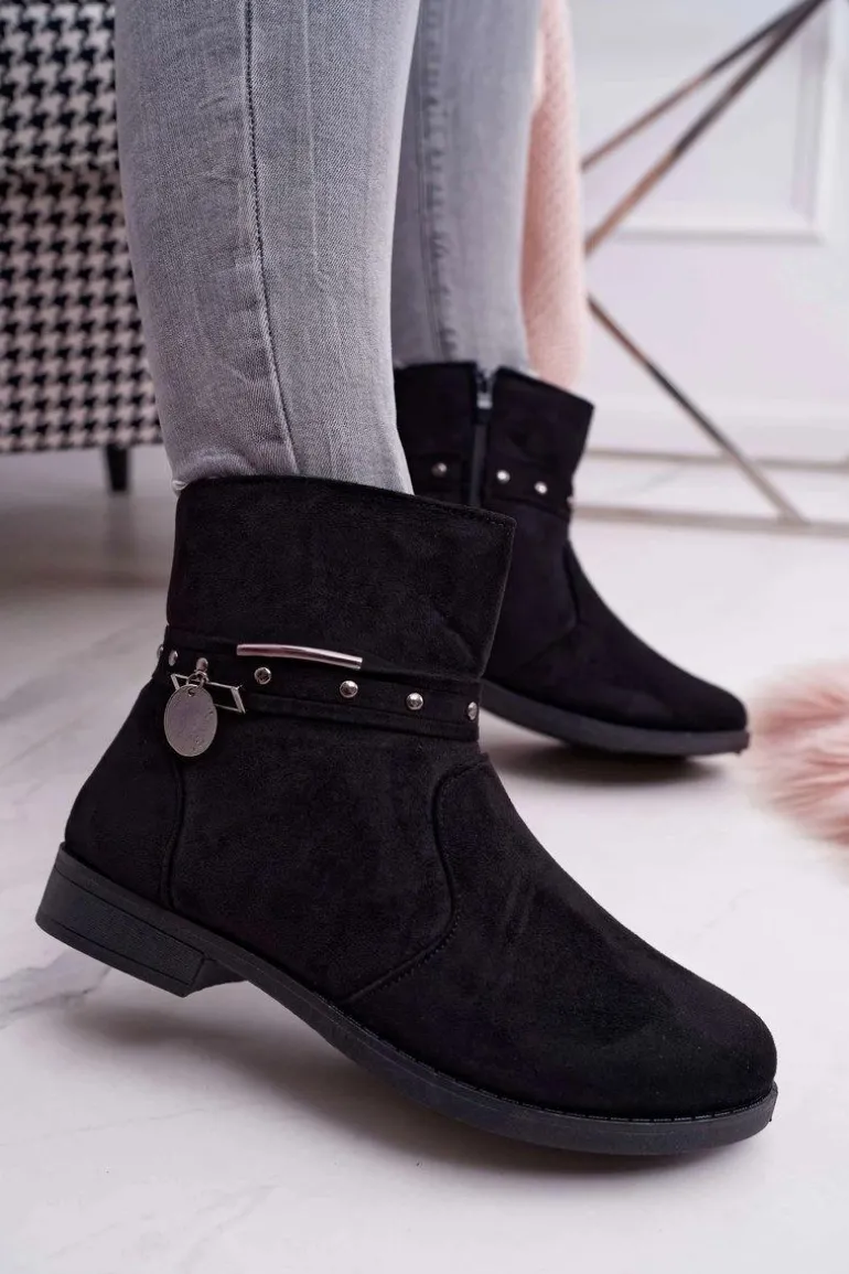 Damskie Botki Płaski Obcas Ocieplane Czarne Verte