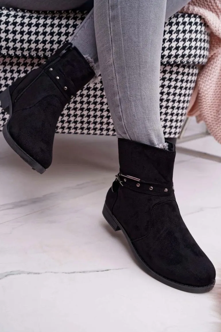 Damskie Botki Płaski Obcas Ocieplane Czarne Verte