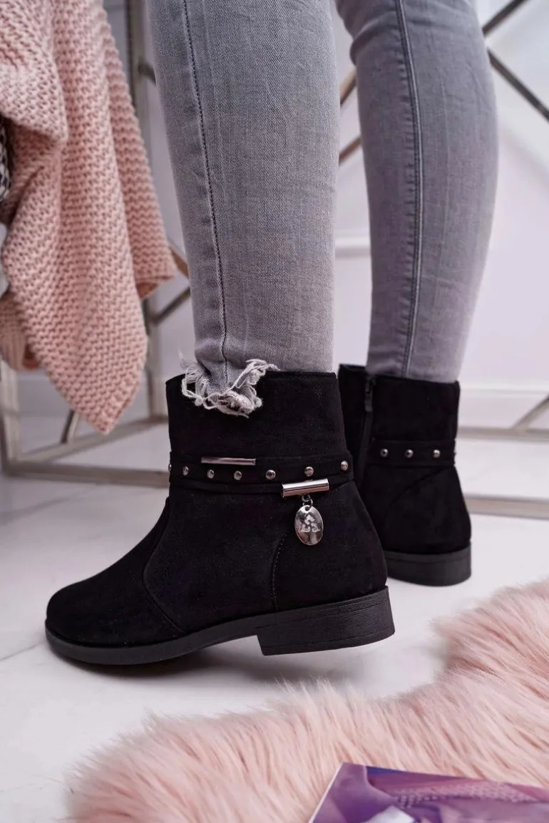 Damskie Botki Płaski Obcas Ocieplane Czarne Verte