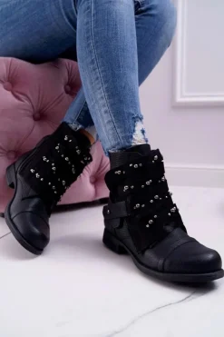 Damskie Botki Płaski Obcas Z Dżetami Czarne Valko