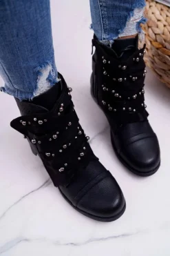 Damskie Botki Płaski Obcas Z Dżetami Czarne Valko