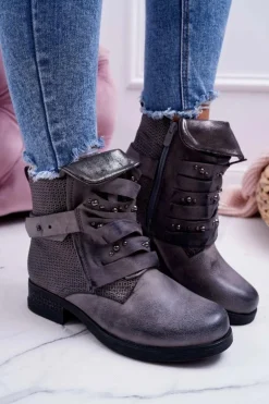 Damskie Botki Płaski Obcas Ciepłe Szare Debra