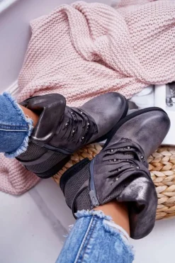 Damskie Botki Płaski Obcas Ciepłe Szare Debra