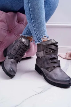 Damskie Botki Płaski Obcas Ciepłe Szare Debra