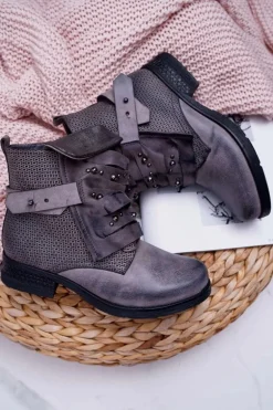 Damskie Botki Płaski Obcas Ciepłe Szare Debra