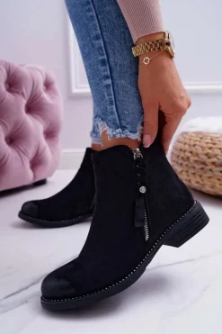 Damskie Botki Płaski Obcas Czarne Barski 98-20