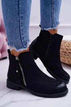 Damskie Botki Płaski Obcas Czarne Barski 98-20