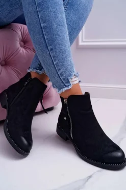 Damskie Botki Płaski Obcas Czarne Barski 98-20