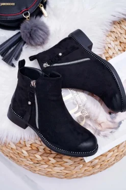 Damskie Botki Płaski Obcas Czarne Barski 98-20