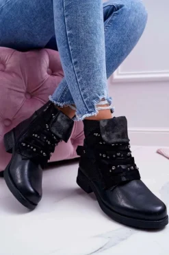 Damskie Botki Płaski Obcas Ciepłe Czarne Debra