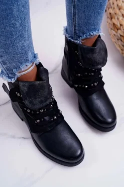 Damskie Botki Płaski Obcas Ciepłe Czarne Debra