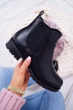Damskie Botki Płaski Obcas Ocieplane Futerkiem Czarne Hertz