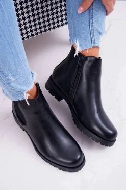 Damskie Botki Płaski Obcas Ocieplane Futerkiem Czarne Hertz