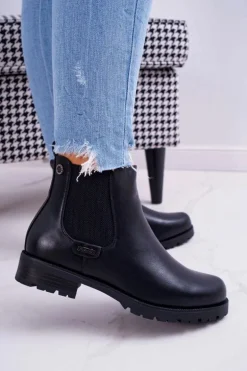 Damskie Botki Płaski Obcas Ocieplane Futerkiem Czarne Hertz