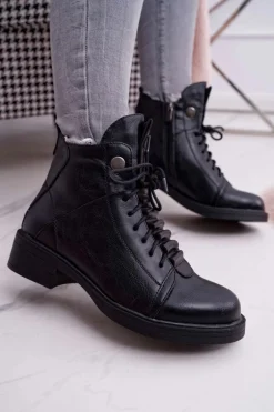 Damskie Botki Płaski Obcas Ocieplane Czarne Livin