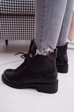 Damskie Botki Płaski Obcas Ocieplane Czarne Livin