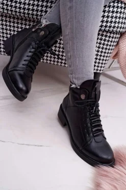 Damskie Botki Płaski Obcas Ocieplane Czarne Livin