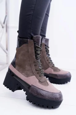 Damskie Botki Płaskie Lu Boo Ciepłe Zielone Desert