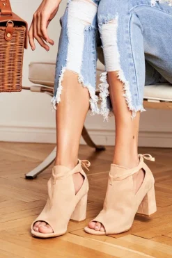 Damskie Botki Sandały Na Słupku Odkryte Palce Beżowe Grays