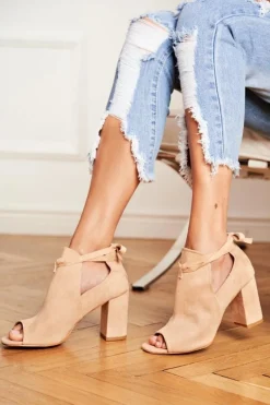 Damskie Botki Sandały Na Słupku Odkryte Palce Beżowe Grays