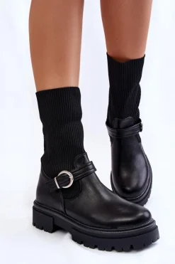 Damskie Botki Skarpetkowe Z Paskiem Czarne Alaya