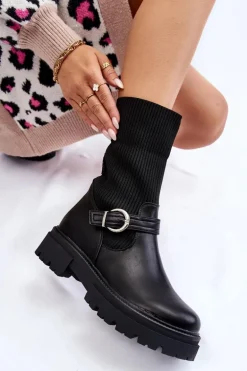 Damskie Botki Skarpetkowe Z Paskiem Czarne Alaya