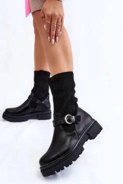 Damskie Botki Skarpetkowe Z Paskiem Czarne Alaya