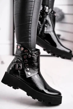 Damskie Botki Skórzane Lakierowane Czarne Exquisite 1199