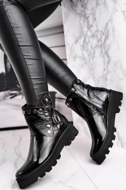 Damskie Botki Skórzane Lakierowane Czarne Exquisite 1199