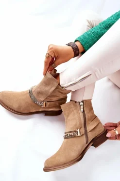 Damskie Botki Skórzane Nicole Beżowe Dome