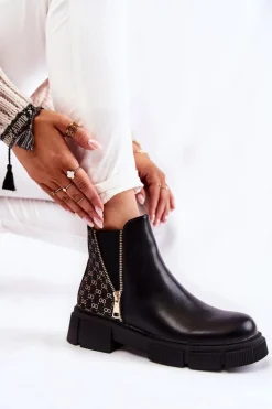 Damskie Botki Skórzane Z Ozdobnym Zamkiem Czarne Lorra