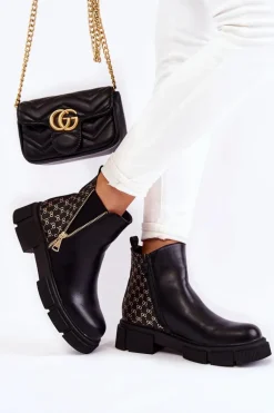 Damskie Botki Skórzane Z Ozdobnym Zamkiem Czarne Lorra