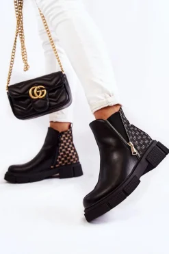 Damskie Botki Skórzane Z Ozdobnym Zamkiem Czarne Lorra