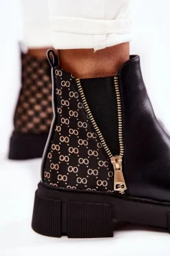 Damskie Botki Skórzane Z Ozdobnym Zamkiem Czarne Lorra