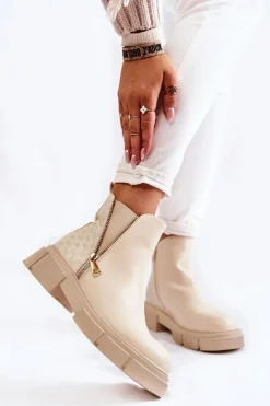 Damskie Botki Skórzane Z Ozdobnym Zamkiem Jasnobeżowe Lorra