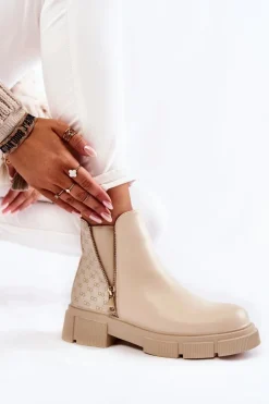 Damskie Botki Skórzane Z Ozdobnym Zamkiem Jasnobeżowe Lorra