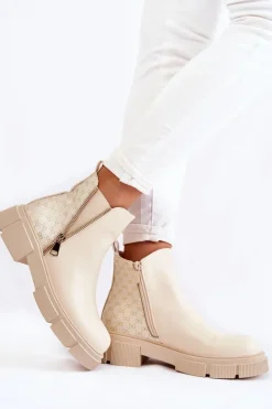 Damskie Botki Skórzane Z Ozdobnym Zamkiem Jasnobeżowe Lorra