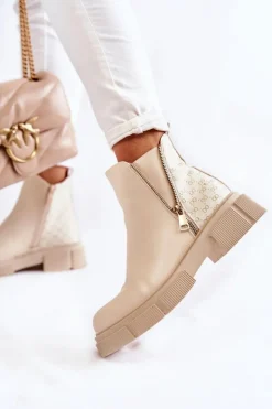 Damskie Botki Skórzane Z Ozdobnym Zamkiem Jasnobeżowe Lorra