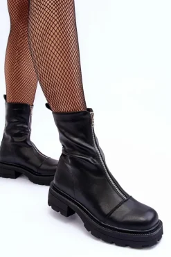 Damskie Botki Skórzane Z Suwakiem Czarne Aravalur