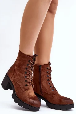 Damskie Botki Sznurowane Na Obcasie Brązowe Lunielle