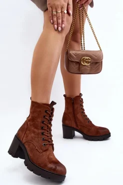 Damskie Botki Sznurowane Na Obcasie Brązowe Lunielle