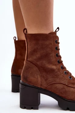 Damskie Botki Sznurowane Na Obcasie Brązowe Lunielle