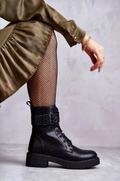 Damskie Botki Sznurowane Na Płaskim Obcasie Czarne Firmina