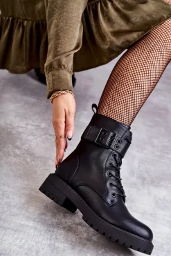 Damskie Botki Sznurowane Na Płaskim Obcasie Czarne Firmina