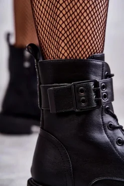 Damskie Botki Sznurowane Na Płaskim Obcasie Czarne Firmina